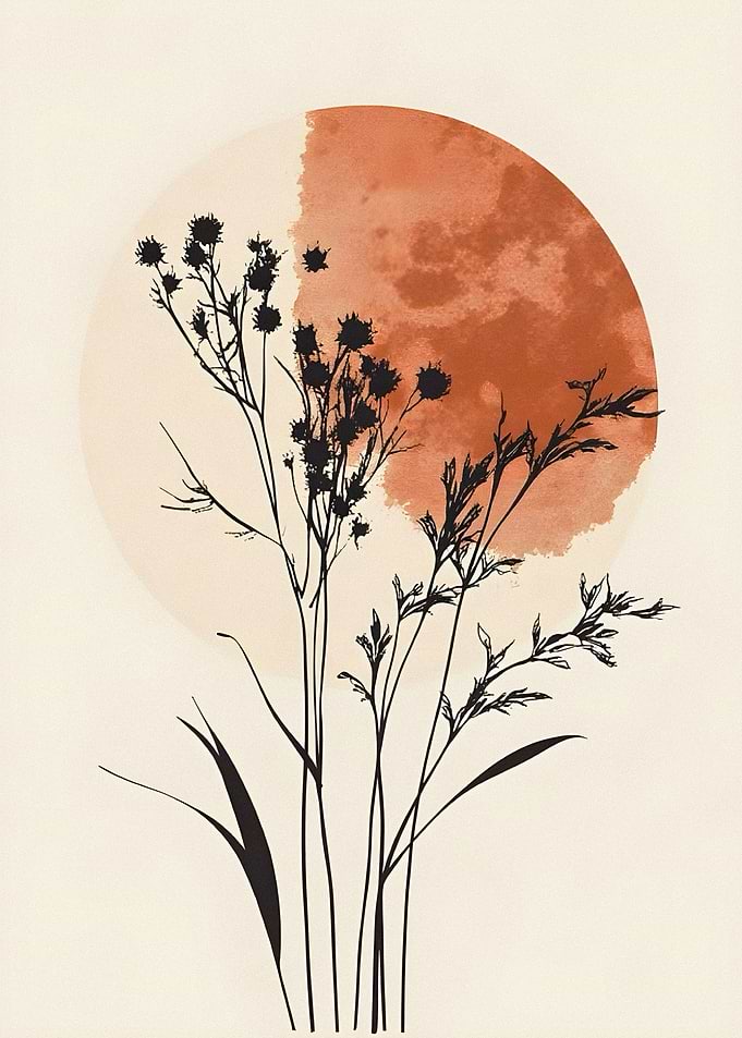 Botanical Silhouette Against Sunset Circle