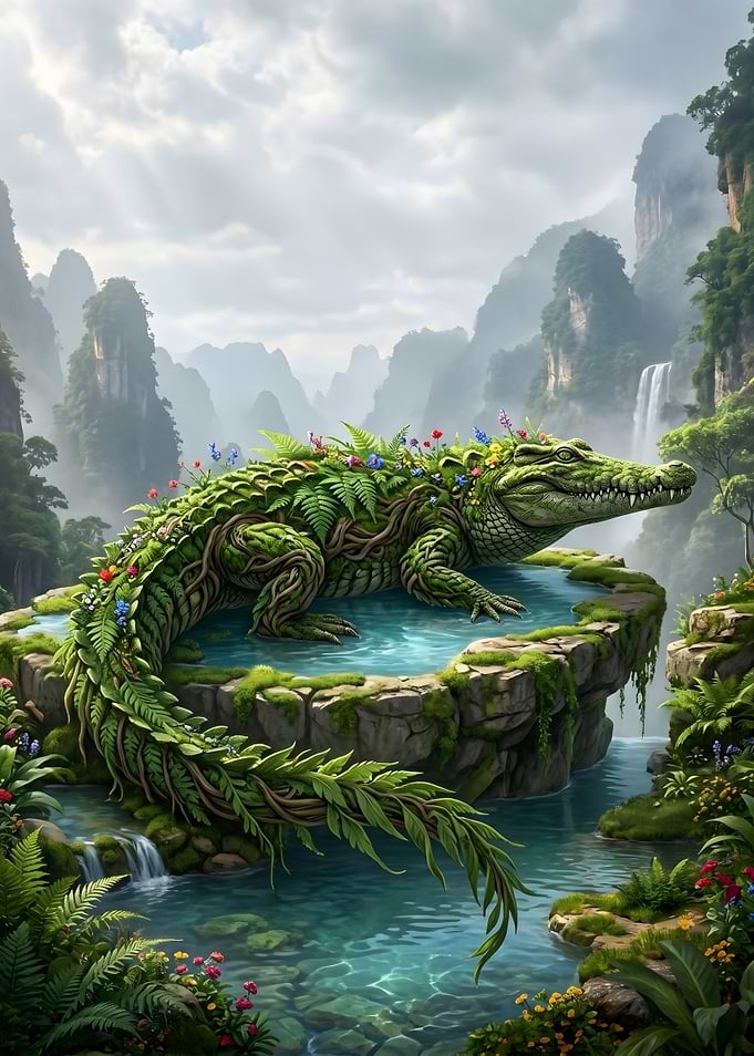 Crocodile Covered in Plants and Flowers