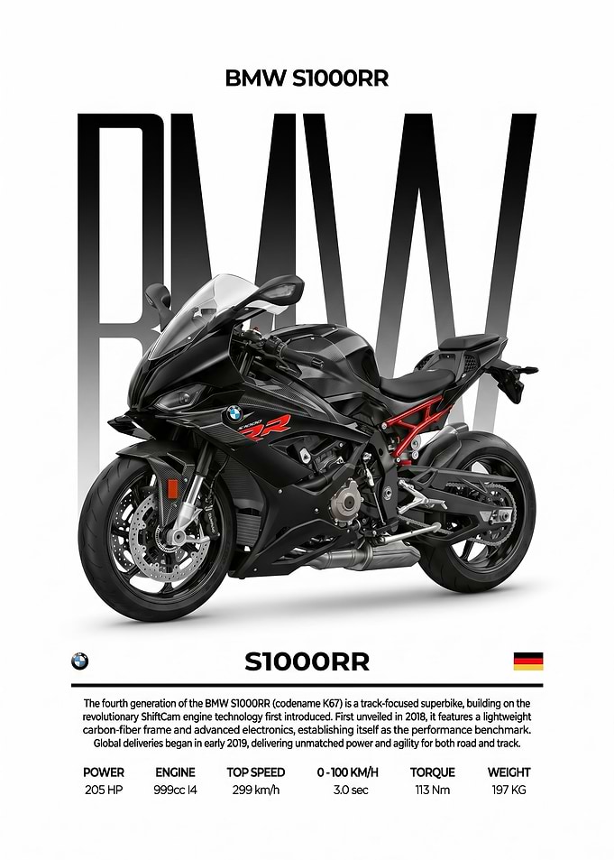 sleek black BMW S1000RR Motorcycle Specifications