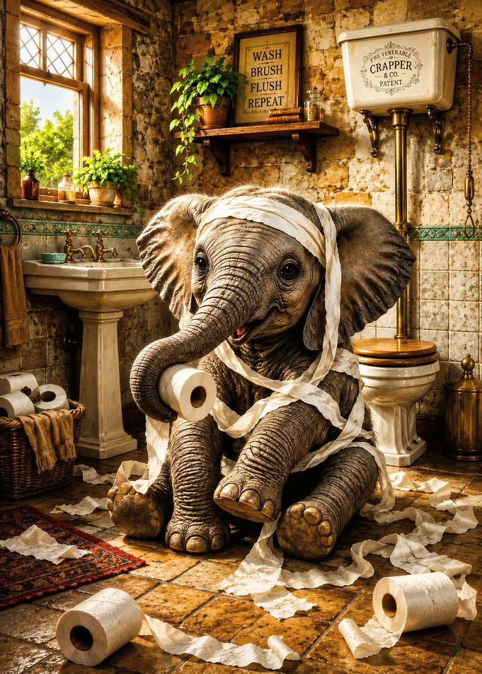 Baby Elephant Wrapped in Toilet Paper