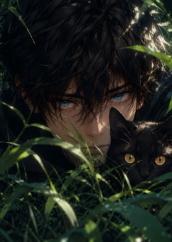 Anime Boy and Black Cat in Grass