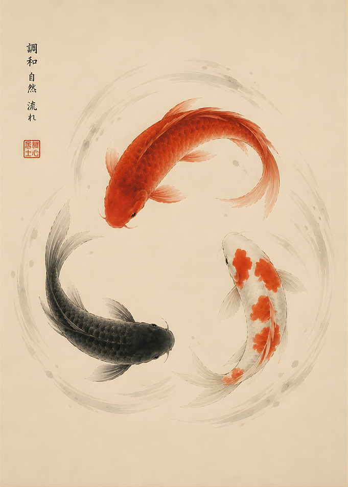 Minimalist Koi Fish Japanese , Zen Neutral Wall Decor
