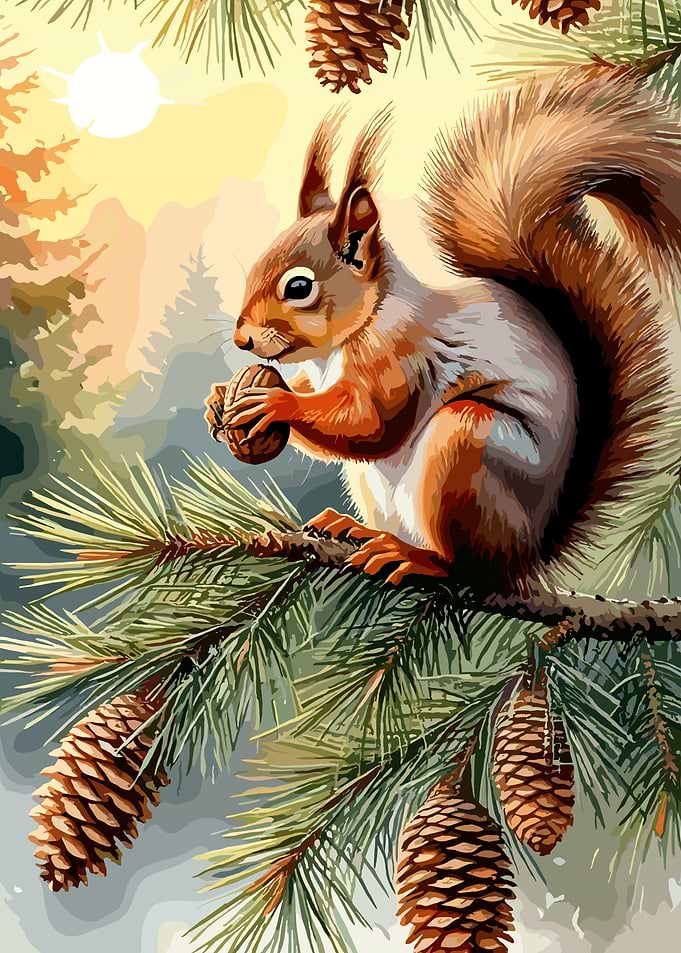 Squirrel Eating Nut on Pine Branch