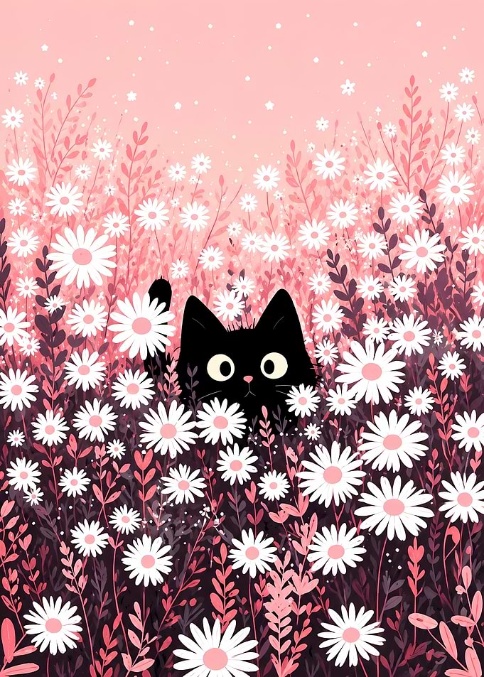 Black Cat Peeking Through Daisies