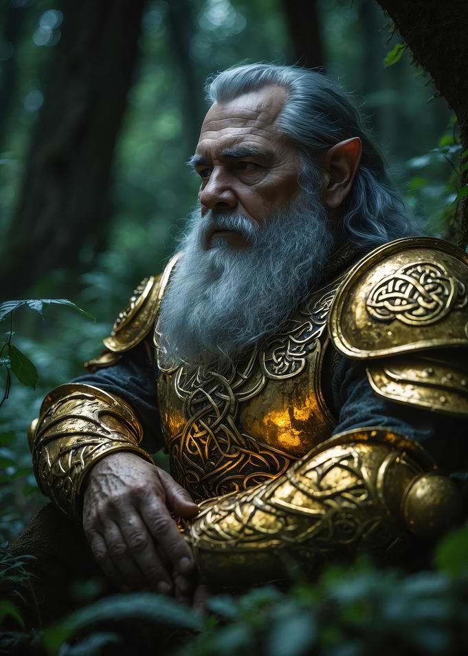 Elder Forest Guardian — Bearded Elf in Ornate Golden Armor