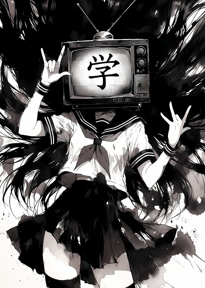 Anime Girl with TV Head and Kanji