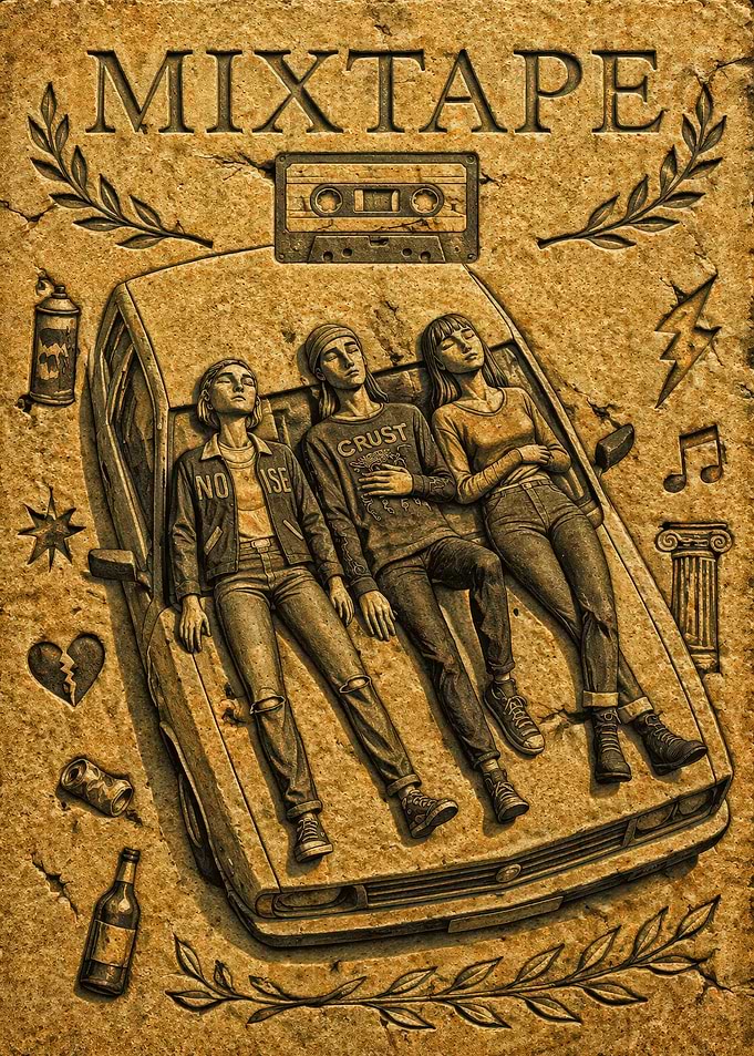 Mixtape Cover Art with Three People on a Car