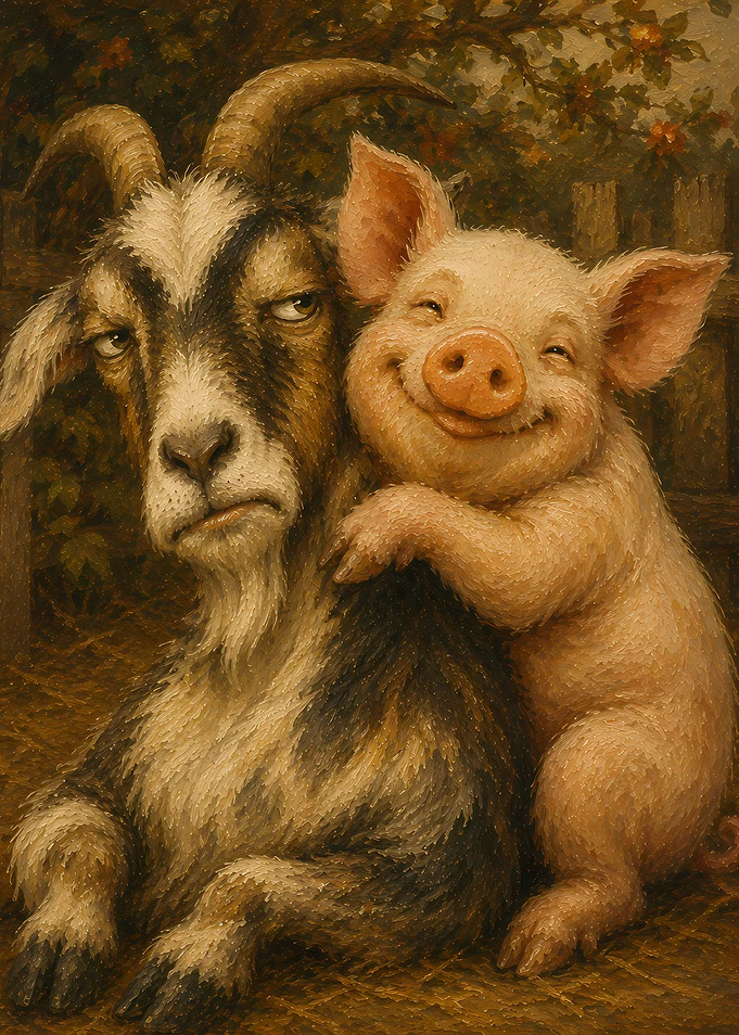 Pig Hugging a Grumpy Goat
