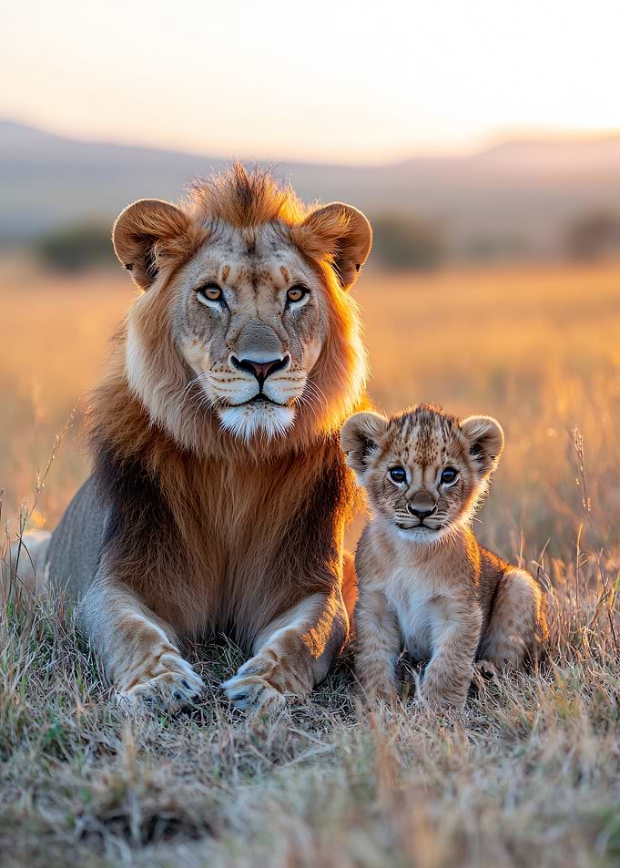 Lion and cub at sunset