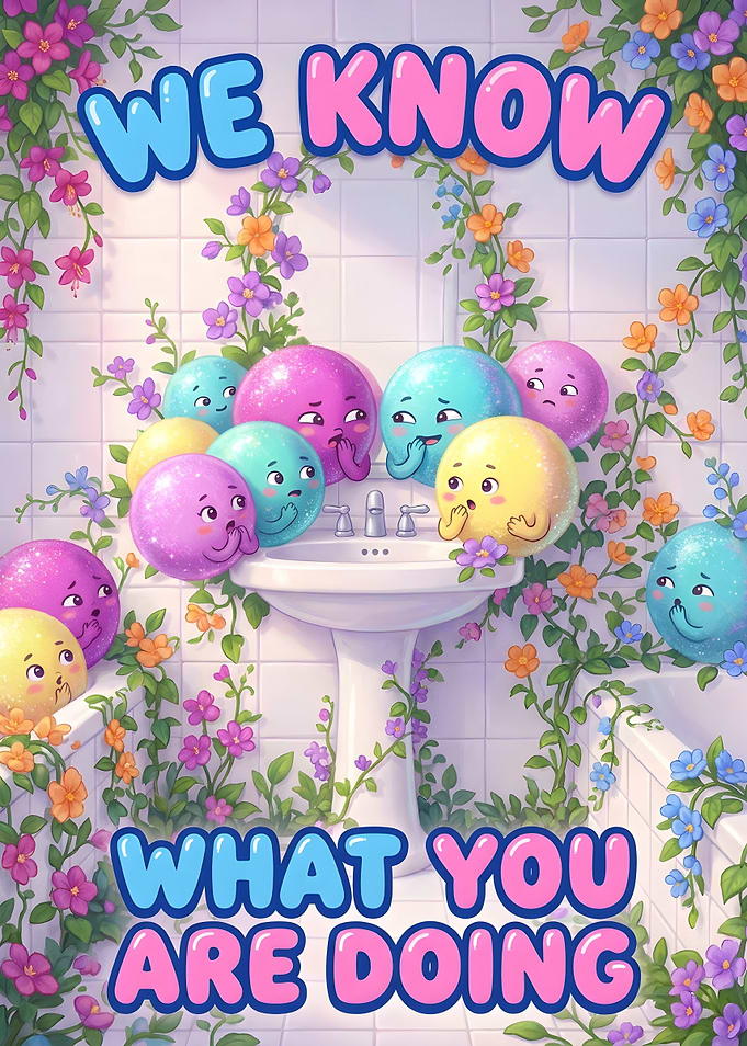 We Know What You Are Doing Cute Colorful Characters in a Floral Bathroom Funny Toilet Humor