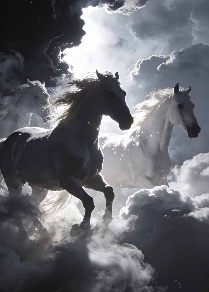 Majestic White Horses in Stormy Clouds
