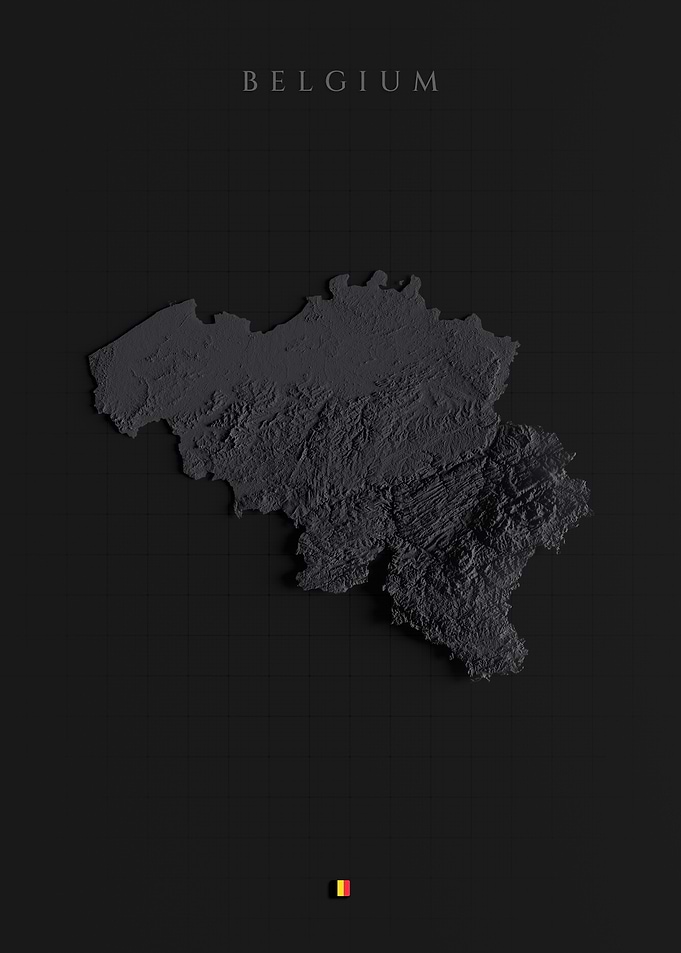 Belgium Relief Study - Dark Shaded Terrain Map, 3D Elevation