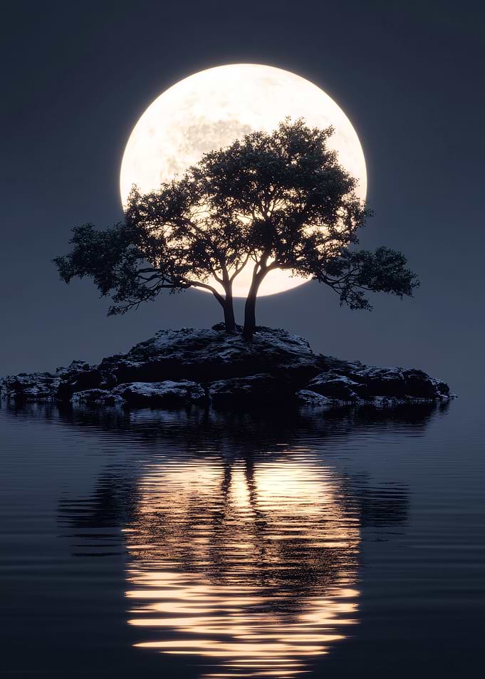 Tree on Island Under Full Moon