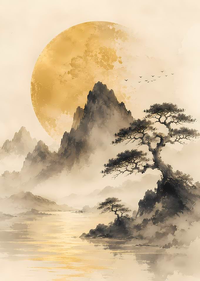 Misty Mountains and Golden Moon