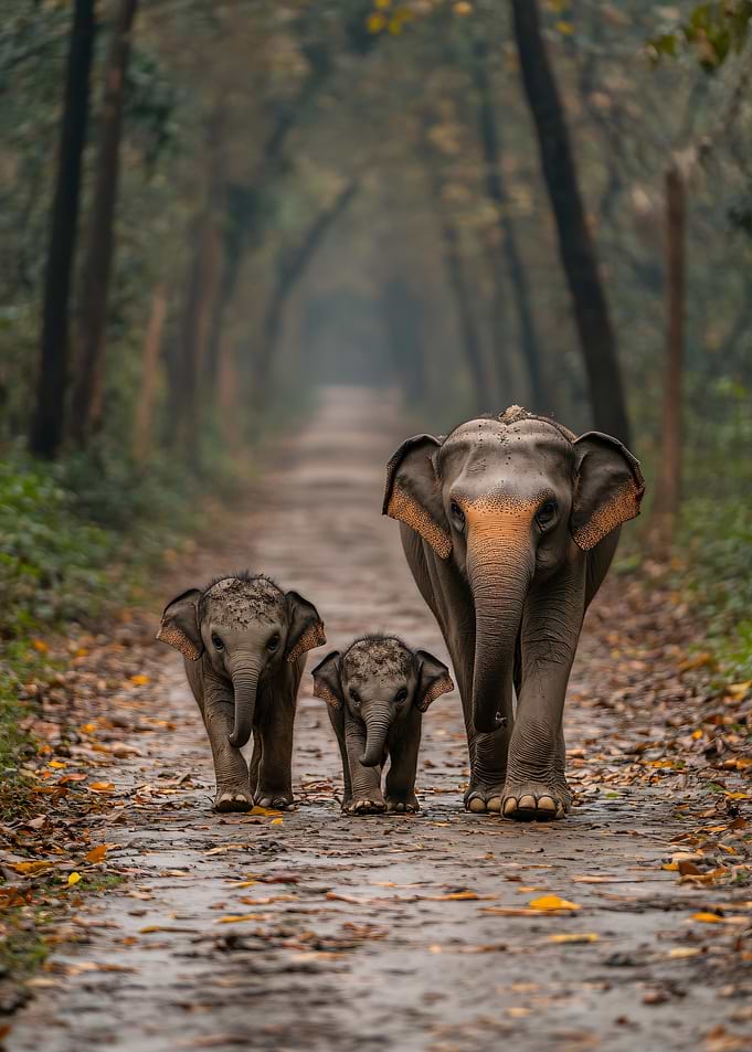 Elephants walking on a forest path