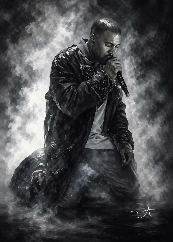 Kanye West Kneeling with Microphone