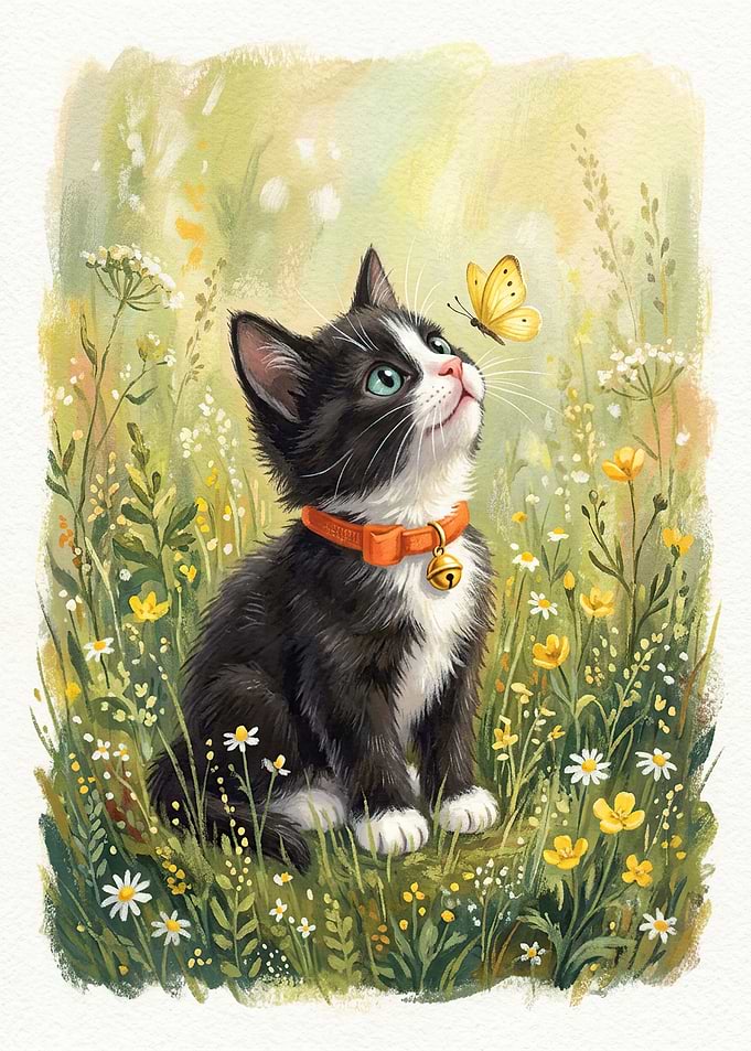 Kitten and Butterfly in a Meadow