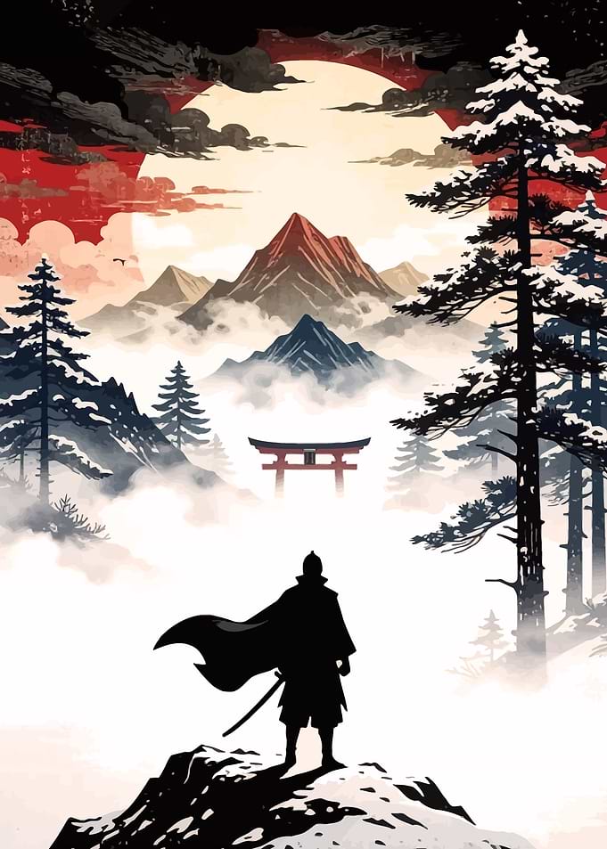 Samurai Warrior in Snowy Mountains