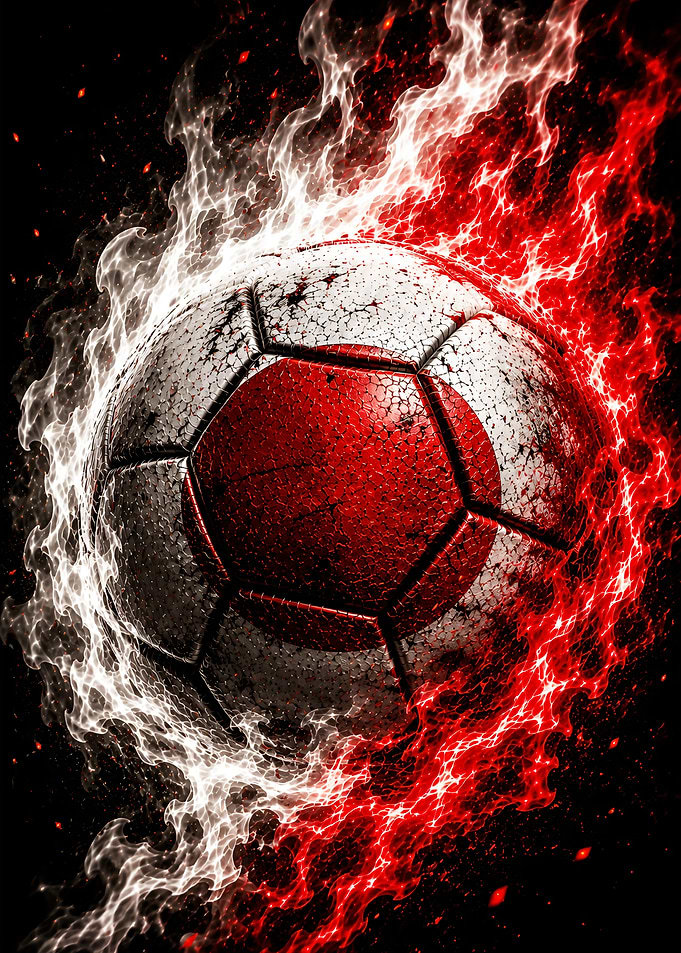 Soccer ball with Japanese flag and fire