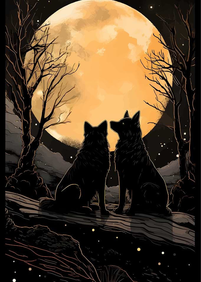 Two wolves under the moon