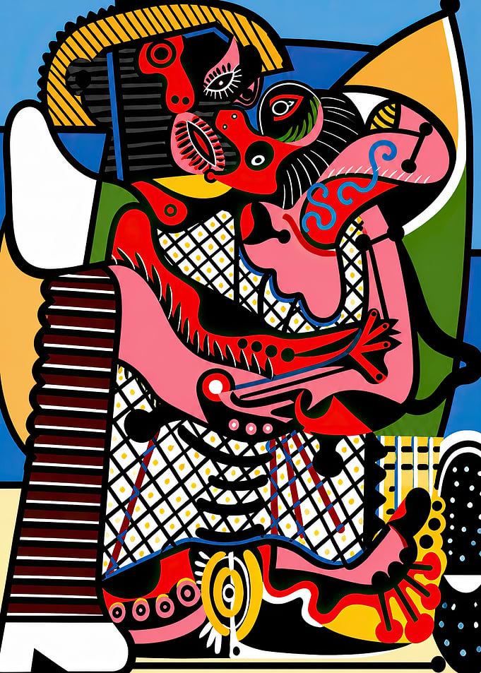 Abstract Cubist Figures Kiss in Technicolor inspired by Picasso
