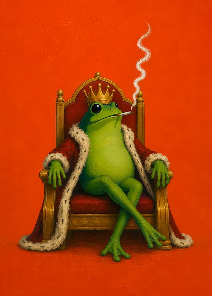 Frog King Smoking Cigarett on Throne