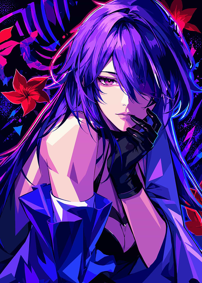 Anime Girl with Purple Hair and Red Flowers