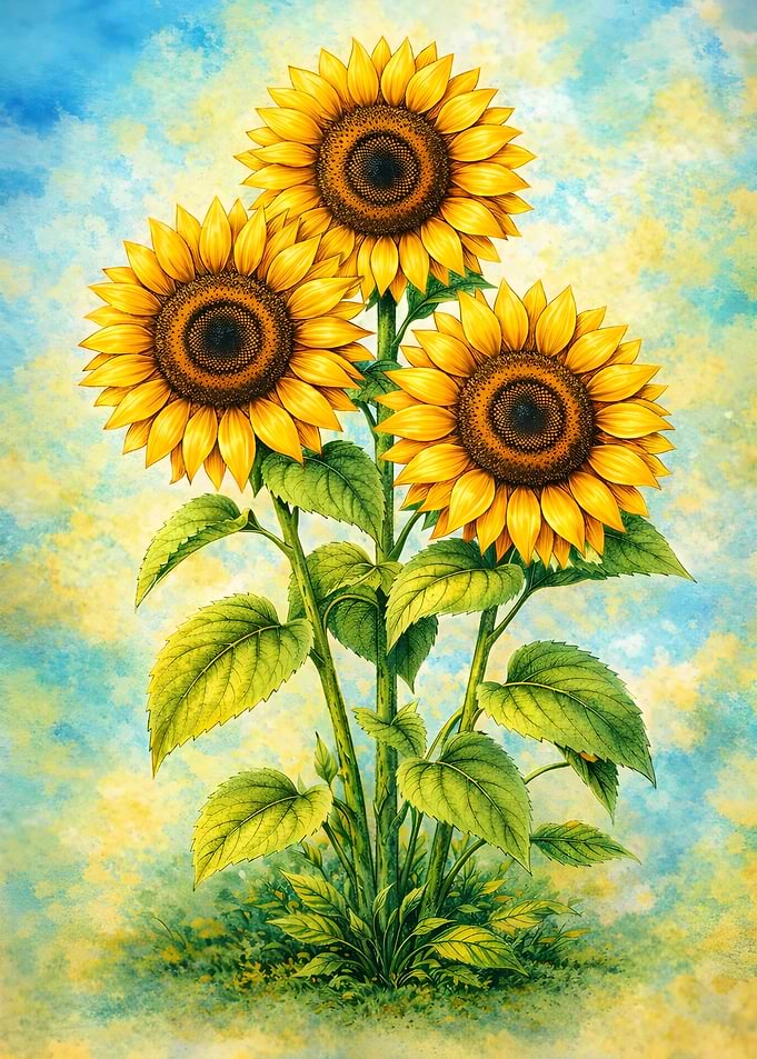 Three Sunflowers Botanical Art on Blue Yellow Texture
