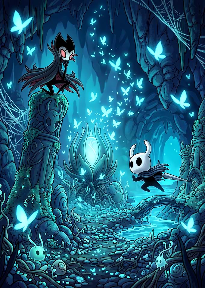Hollow Knight Characters in Bioluminescent Cave