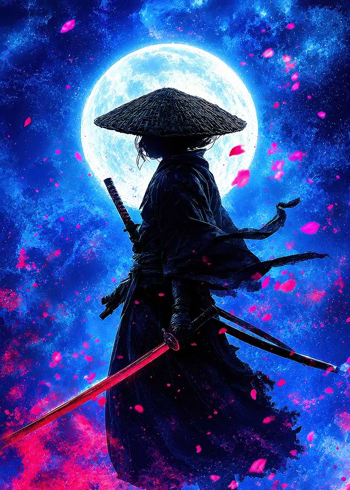 Samurai Warrior Under a Full Moon