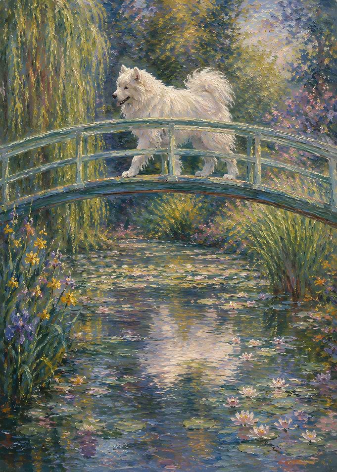 Samoyed Dog on a Bridge in a Garden