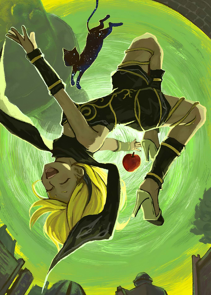 Magical girl falling with apple and cat