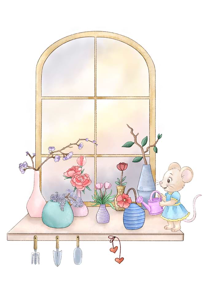 Mouse watering flowers by the window