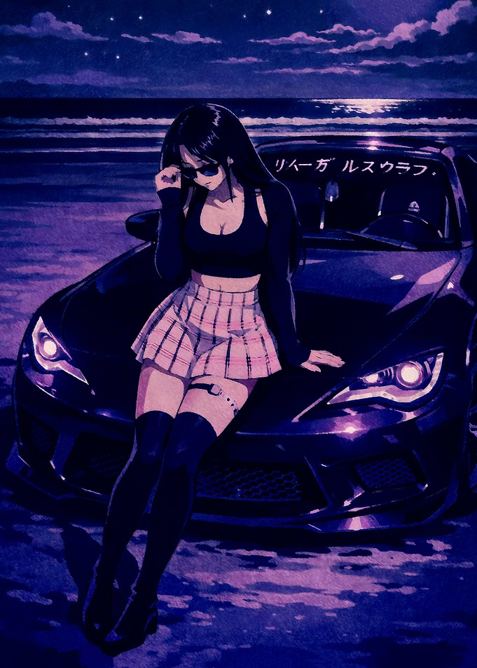 Anime Girl Posing with Sports Car at Night