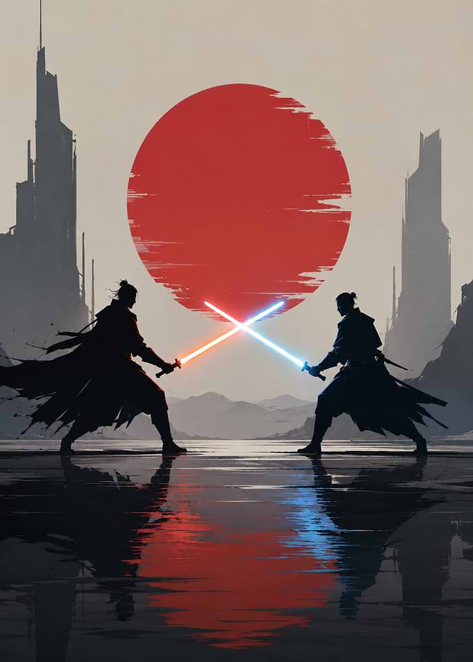 Samurai duel with lightsabers