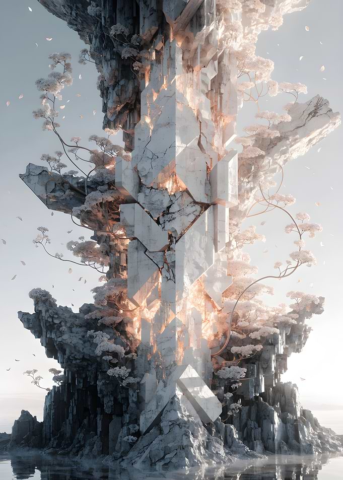 Luminous Monolith with Blossoming Trees