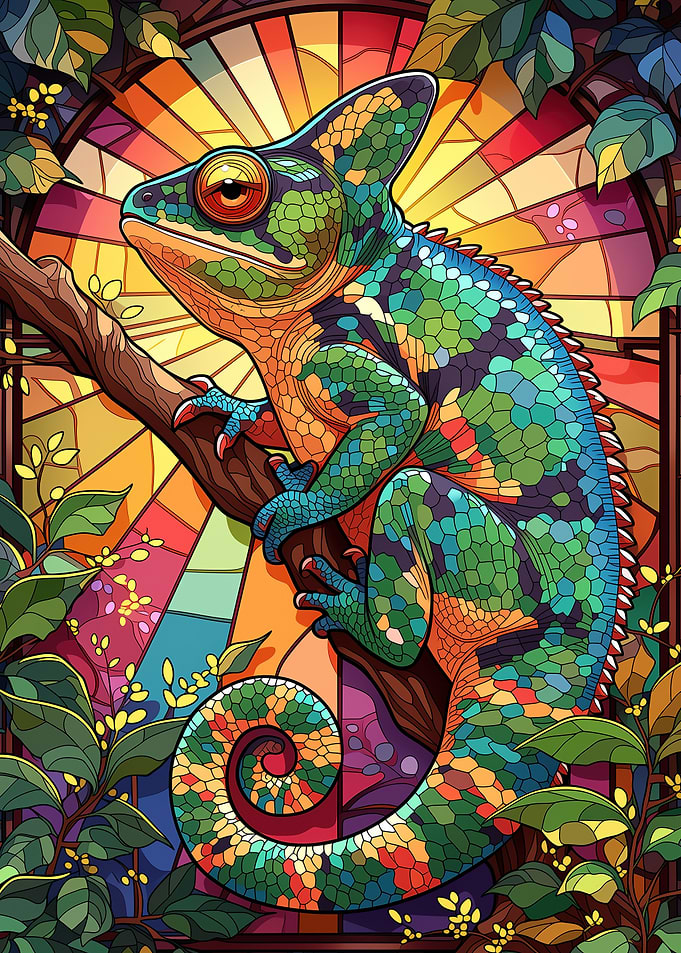 Chameleon on a Stained Glass Background