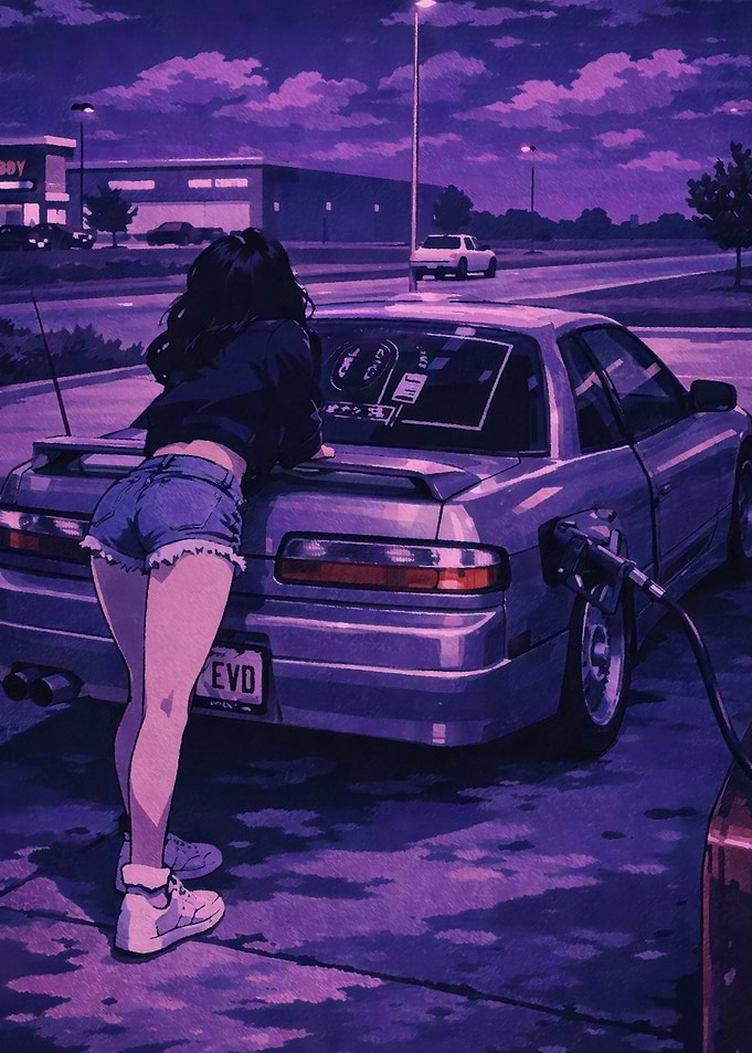 Anime girl at gas station