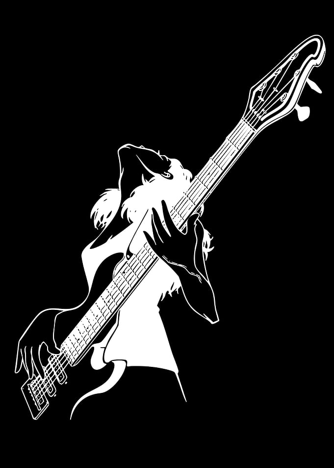 Silhouette of a person playing a bass guitar