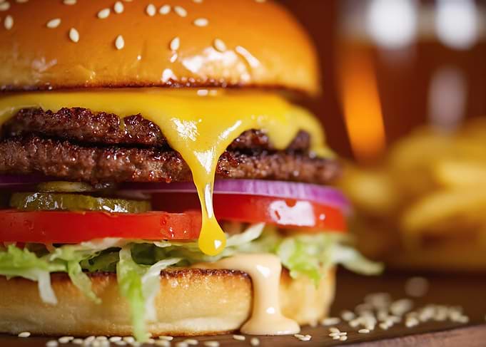 Double Cheeseburger with Fries and Beer