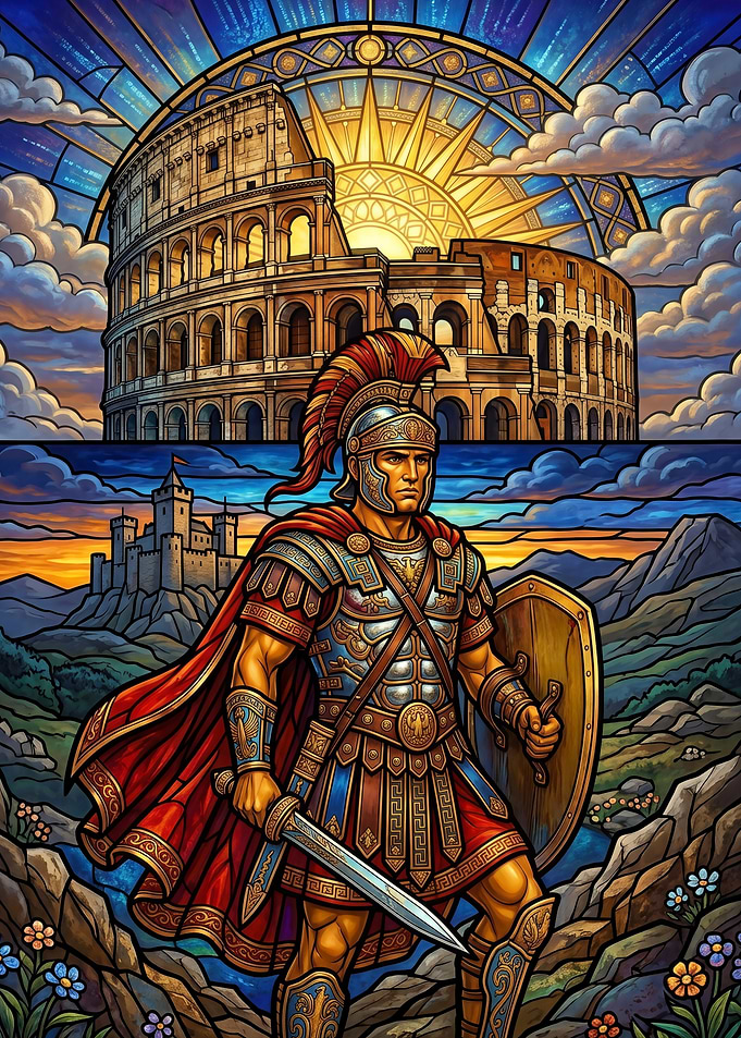 Roman Soldier and Colosseum Stained Glass