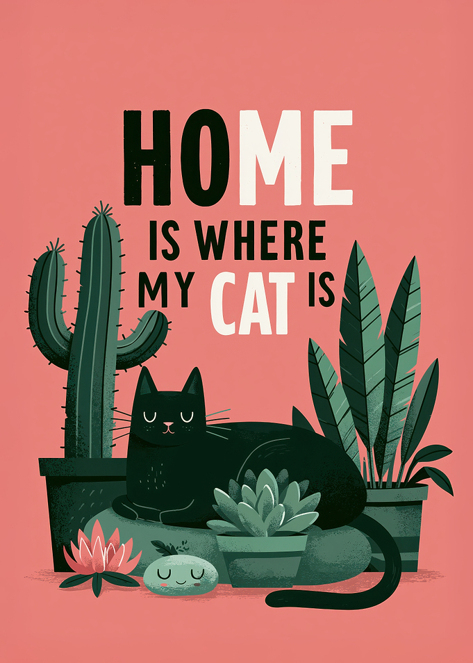 Home Is Where My Cat Is – Black Cat and Plants Cute Poster