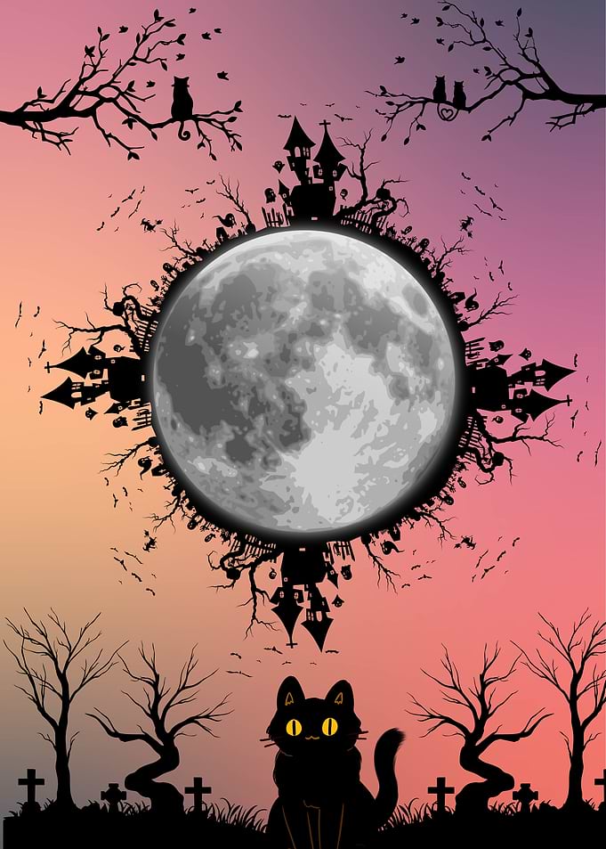 Halloween Black Cat and Haunted Moon