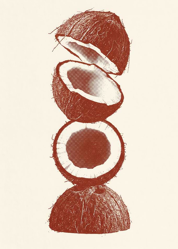 Stacked Coconut Halves Halftone Graphic Red Minimalist Kitchen Statement Piece