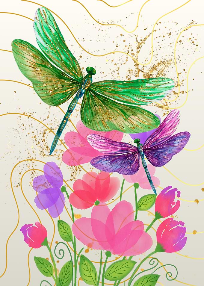 Dragonflies and Flowers Watercolor Art
