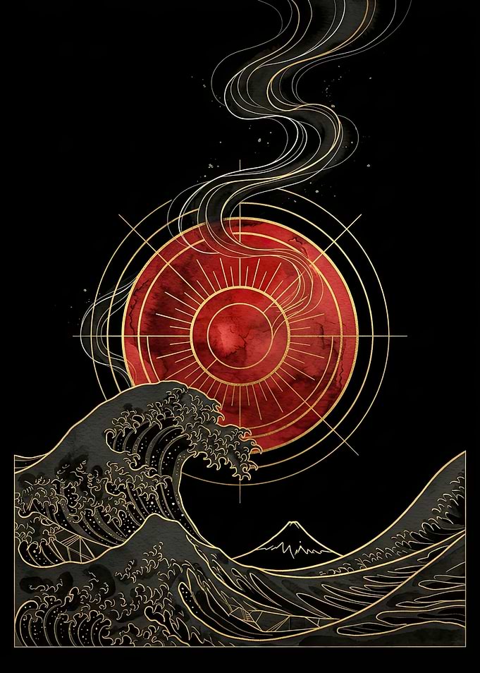Great Wave with Red Sun and Mount Fuji