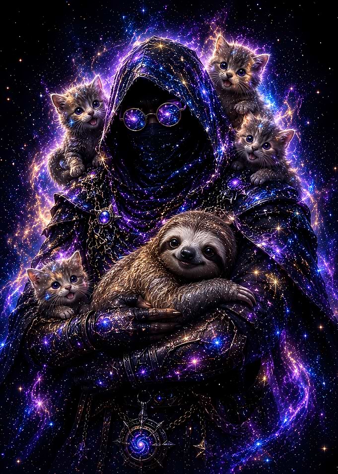 Cosmic Wizard with Kittens and Sloth