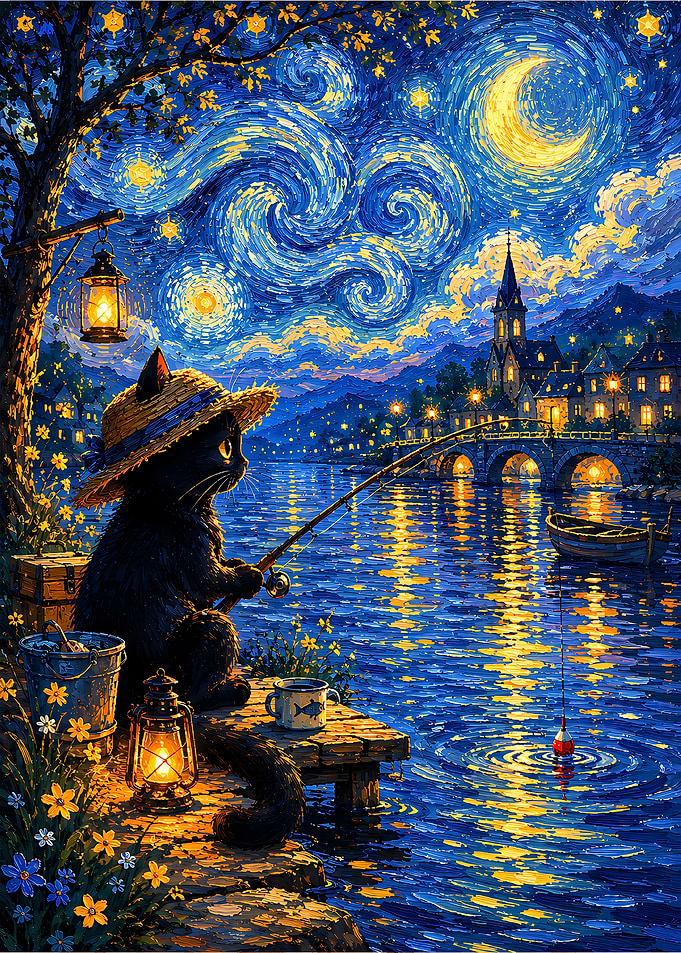 Black Cat Fishing Under Starry Night Sky
