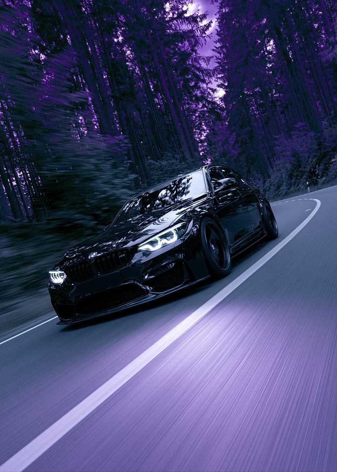 Black BMW M3 on a Purple Forest Road
