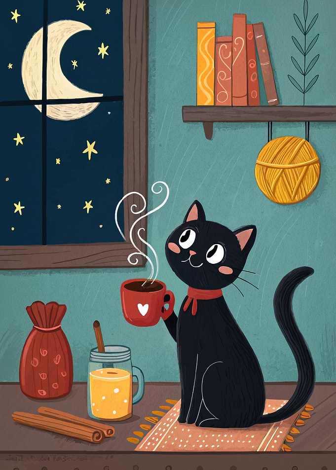 Black Cat Enjoying a Cozy Night